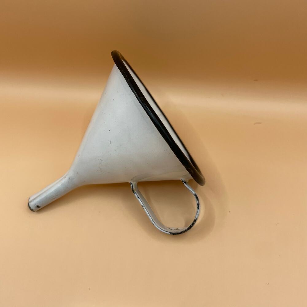 Vintage Enamel Funnel Black Trim Handle Metal Kitchen Collectable Decor Retro